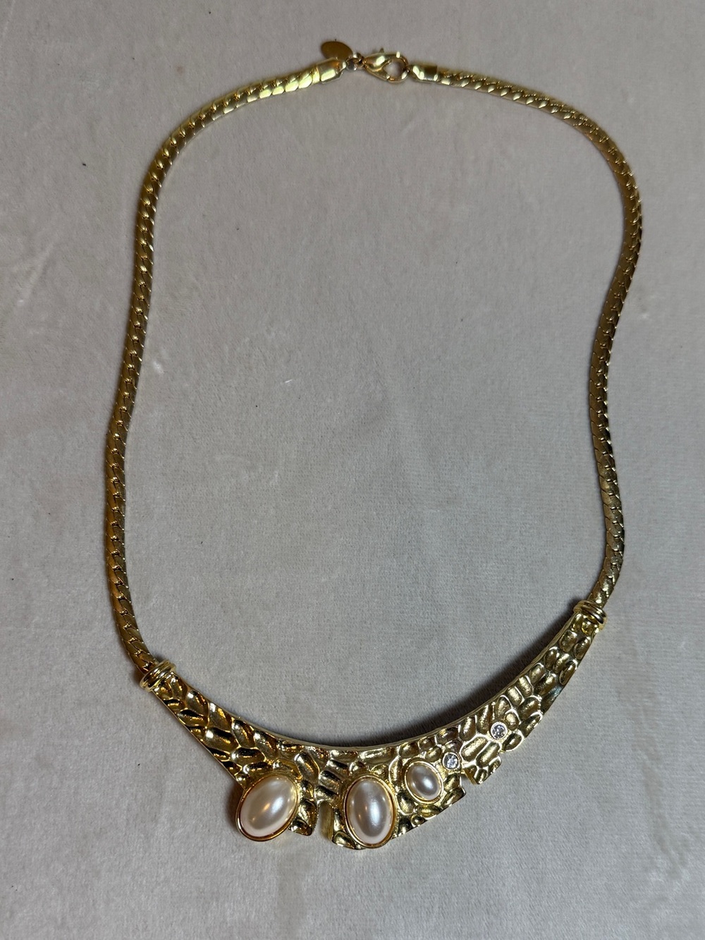 Vintage Park Lane Gold Tone Faux Pearl Rhinestone Collar Necklace Signed